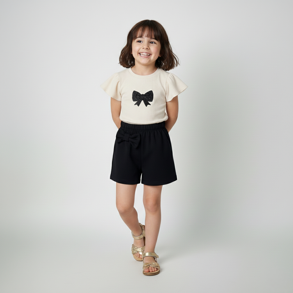 Conjunto Menina Blusa e Shorts Estampado Laçinhos Tecido Macio Confortável Para Dia a Dia
