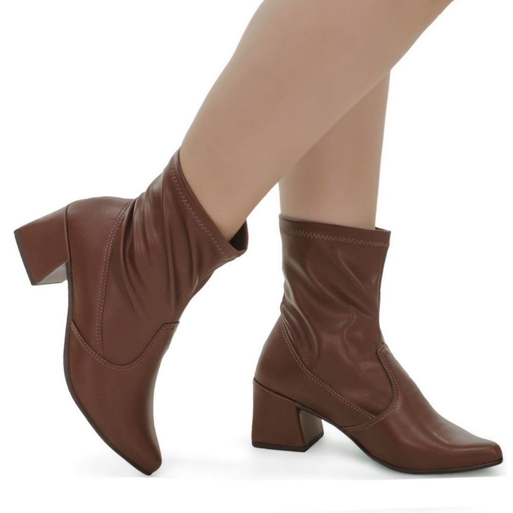 Bota Feminina com Stretch Cano Curto Salto Grosso e Bico Fino Moda Fashion 067
