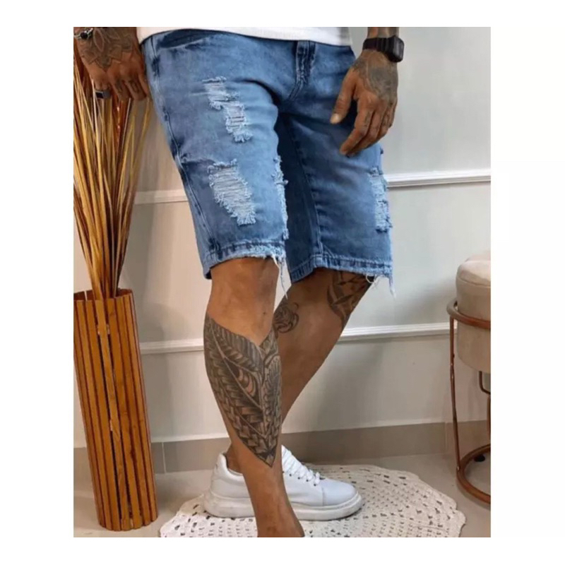 bermuda jeans masculino rasgada azul moda verao tendencia linha premium