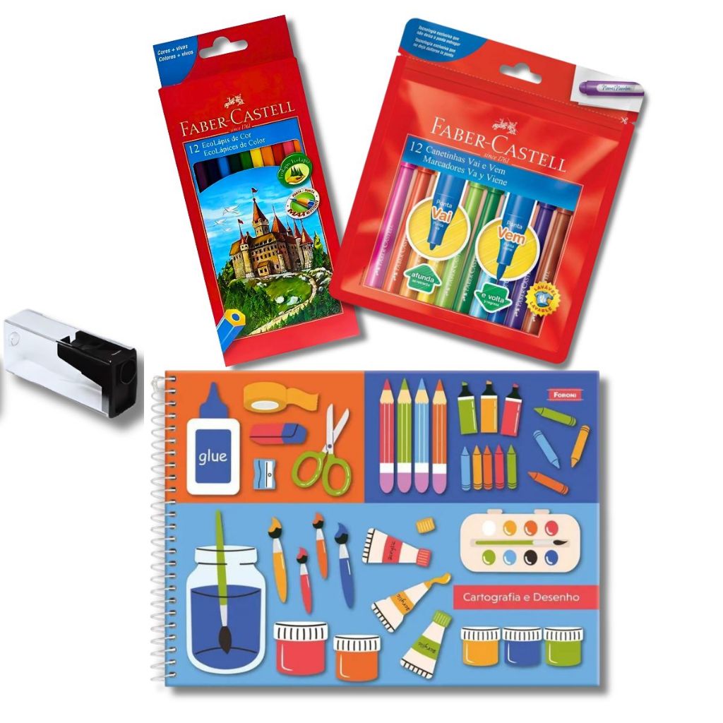 KIT CADERNO CARTOGRAFIA DESENHO CAPA DURA 96FL CANETINHA VAI E VEM LAPIS 12 CORES APONTADOR FABER