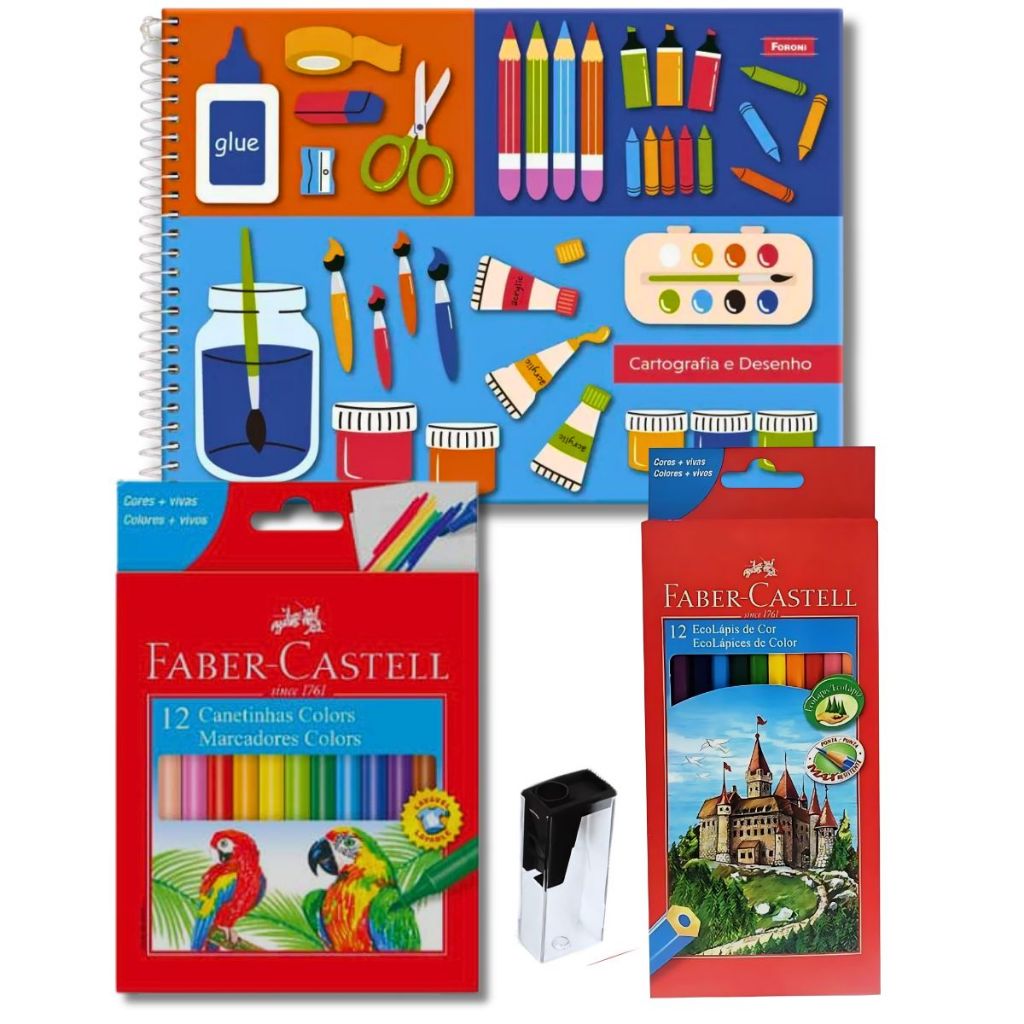 KIT CADERNO CARTOGRAFIA DESENHO CAPA DURA 96FL CANETINHA HIDROGRÁFICA LAPIS 12 CORES APONTADOR FABER