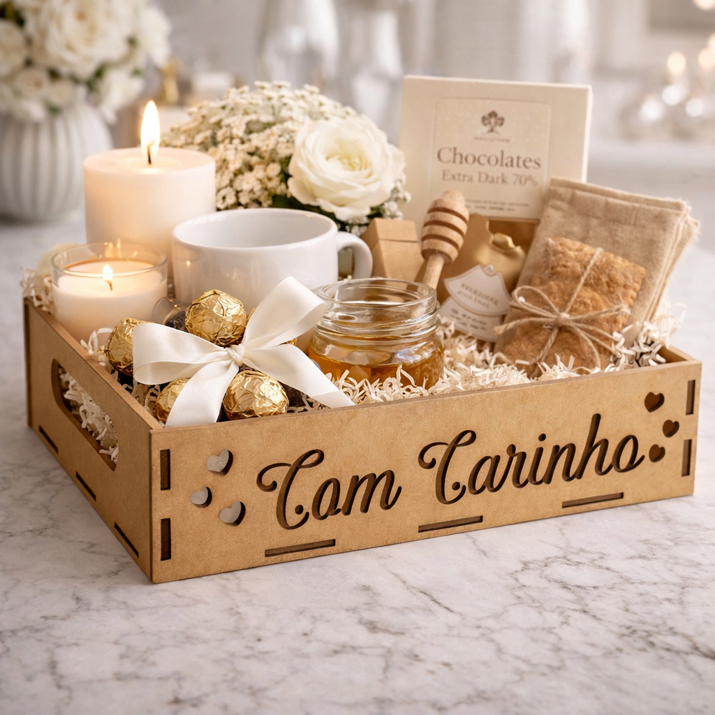 Kit Bandejas Escrita Com Carinho e Corações 20x15x5 MDF Cru Organizador Presente Cesta Doces Perfume