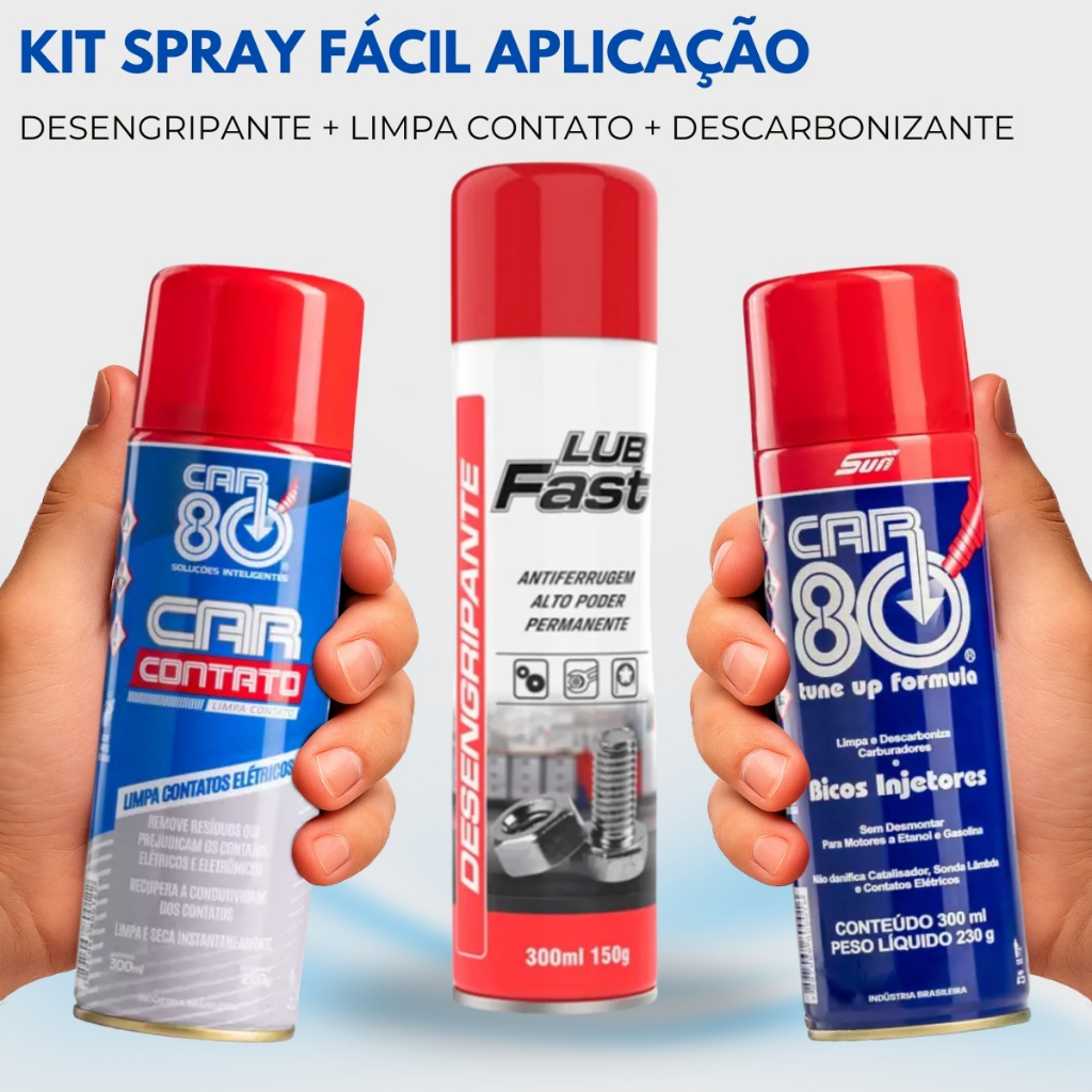 Kit 3 em 1 Spray Limpeza Automotiva Car80 Mundial Prime Desengripante Descarbonizante Limpa Contato