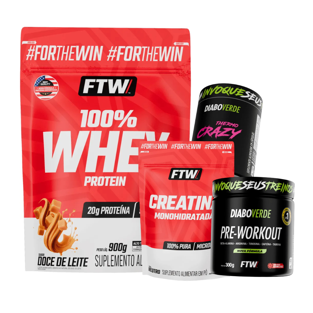 Kit Whey 100% Refil 900g + Creatina Refil 300g + Pré-Treino Diabo Verde 300g Frutas Vermelhas + Termogênico Crazy - FTW em Oferta na Shopee