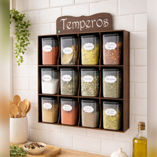 Porta tempero prateleira organizadora em MDF decorado - 12 Potes - Condimentos Mantimentos Original em Oferta na Shopee
