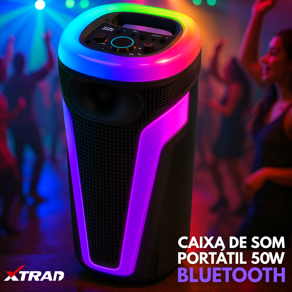 Caixa de Som Bluetooth Potente 50W LED Portátil Função TWS Xtrad Multimídia