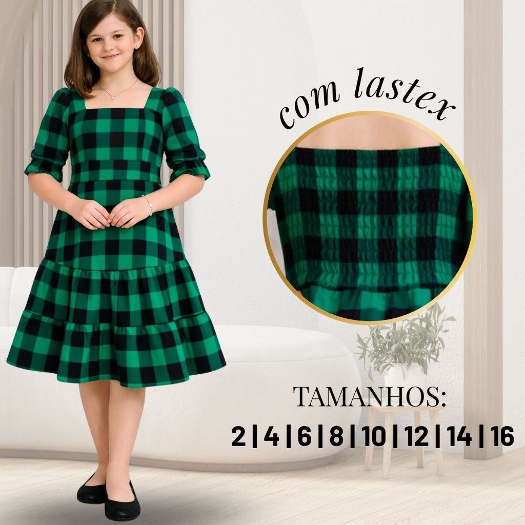 VESTIDO INFANTIL/JUVENIL XADREZ COM FORRO | MANGA PRINCESA (2 aos 16 anos) festa junina