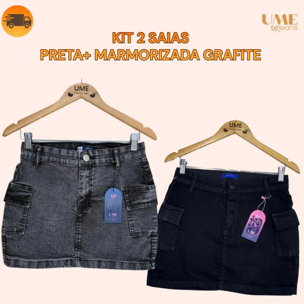 Kit 2 Saias Preta+Marmorizado Grafite Saia Cargo Curta Cintura Alta Elastano Barata Empina Bumbum em Oferta na Shopee