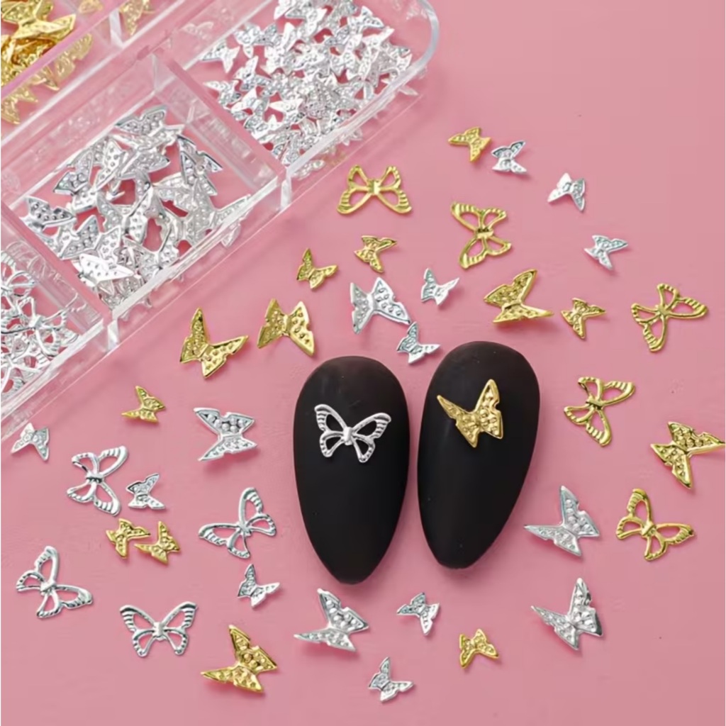 130 unidades/caixa de Charms de Unhas 3D Borboleta | Mini Charms de Borboleta de Ferro em Dourado e Prateado