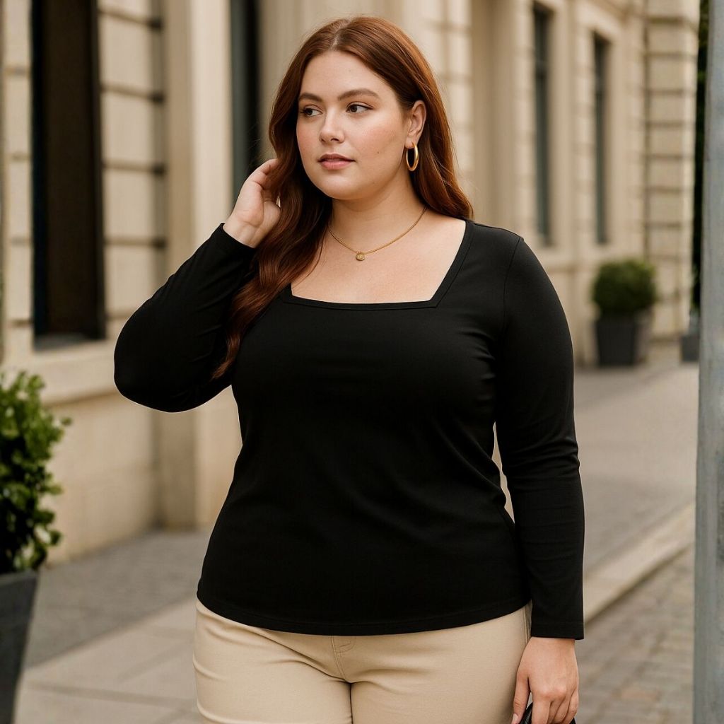 Blusa Feminina Manga Longa Decote Quadrado Plus Size e Slim Cacharrel Elegante Basico Viscolycra