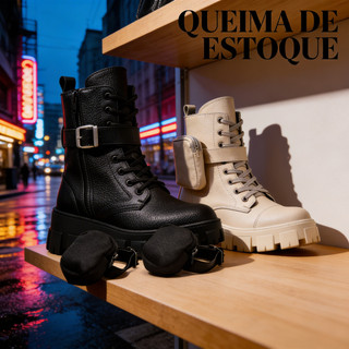 Kit Coturno Feminino Tratorado Blogueirinha Cano Médio com Bolsinha Lateral Preto ou Branco Confortável Moda Street