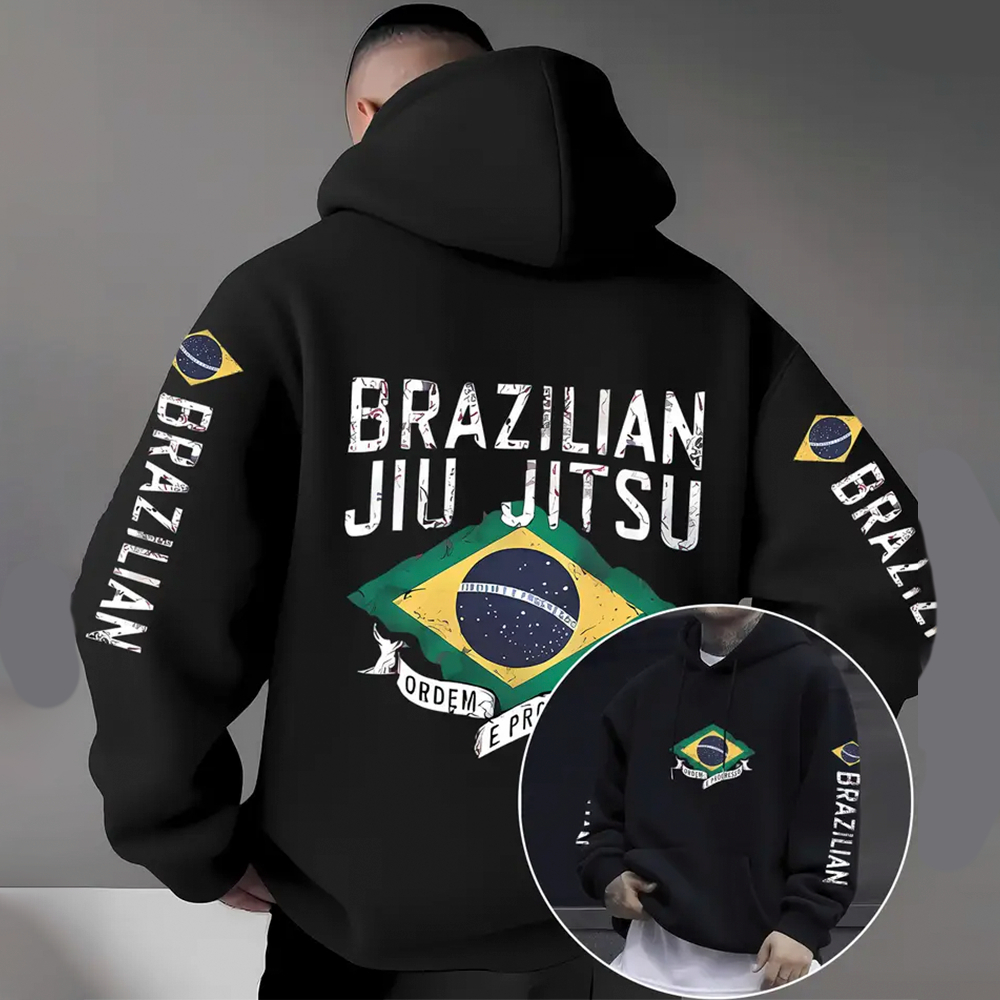 Moletom Com Capuz Flanelado Blusa de Frio Com Bolso Estampa Brazilian Jiu Jitsu Artes Marciais