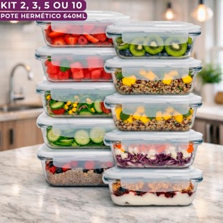 Kit Potes De Vidro 2 3 5 ou 10 Unidades Herméticos 640 ML Com Travas Freezer Forno Marmita em Oferta na Shopee