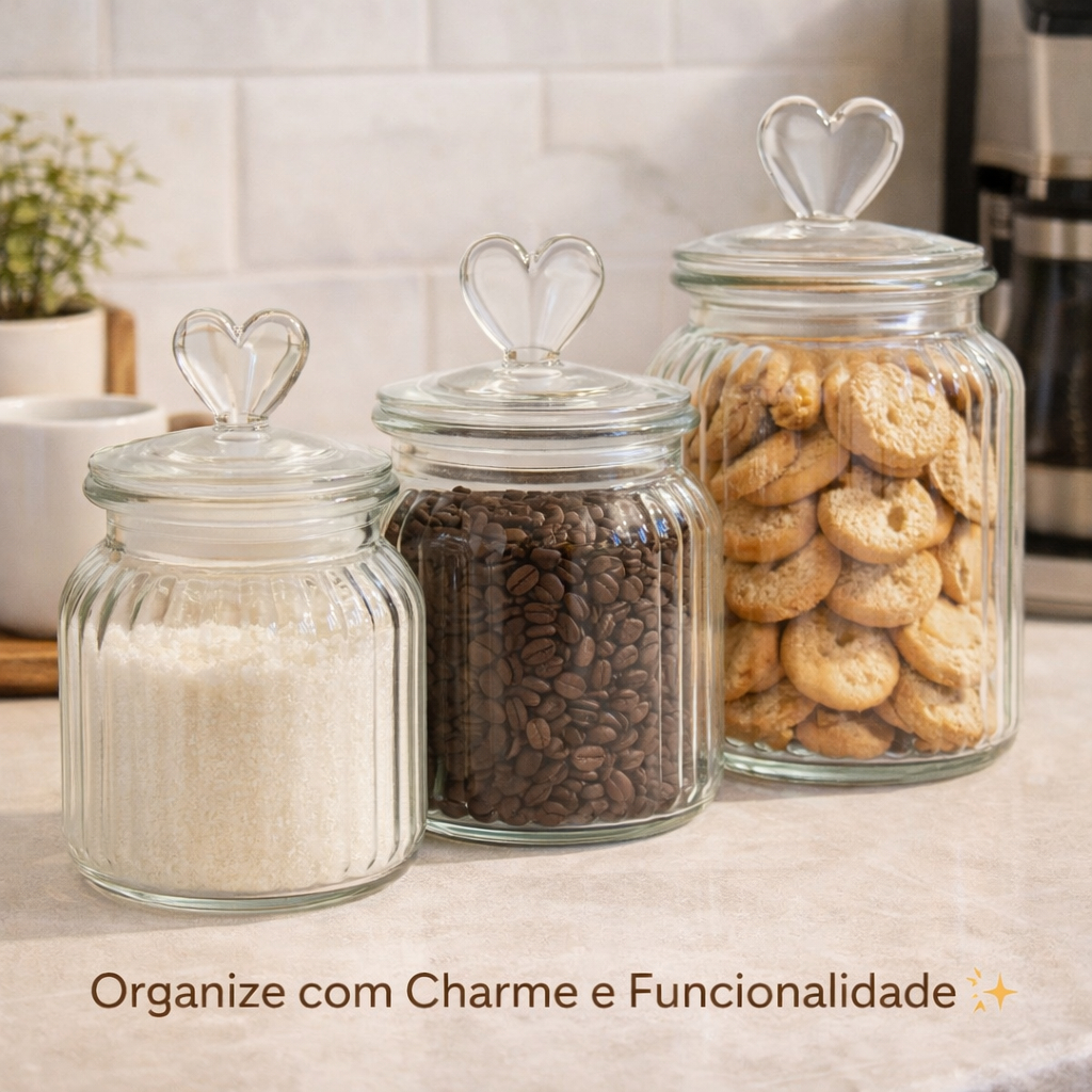 Pote de Vidro Hermético Com Tampa De Coração – Organize Com Amor