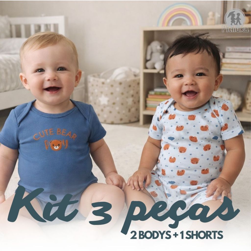 Kit 3 Peças Bebê 2 Body + Shorts Mijão P/M/G Roupa Bebê Menino Enxoval Presente Infantil