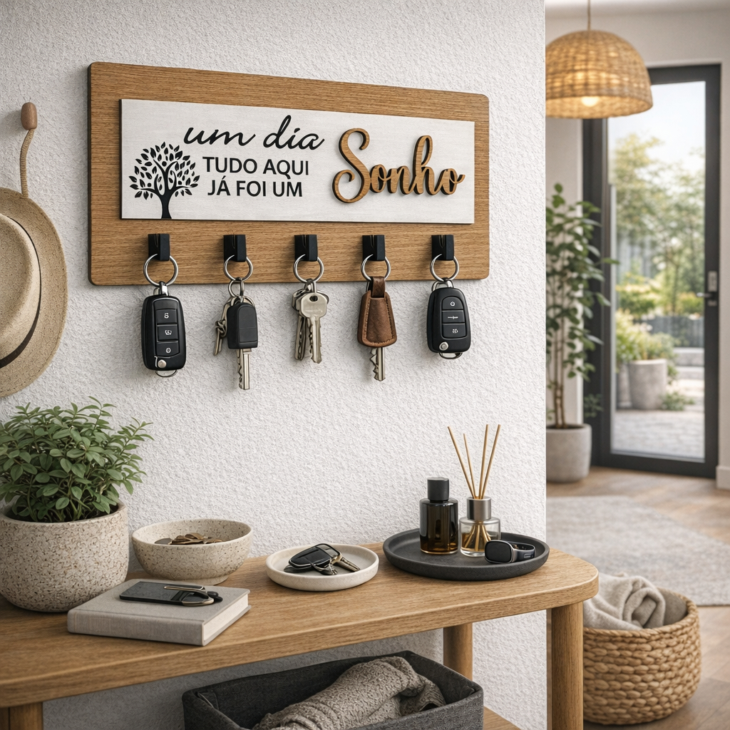 Porta Chaves Decorativo Para Parede 05 Ganchos Em MDF