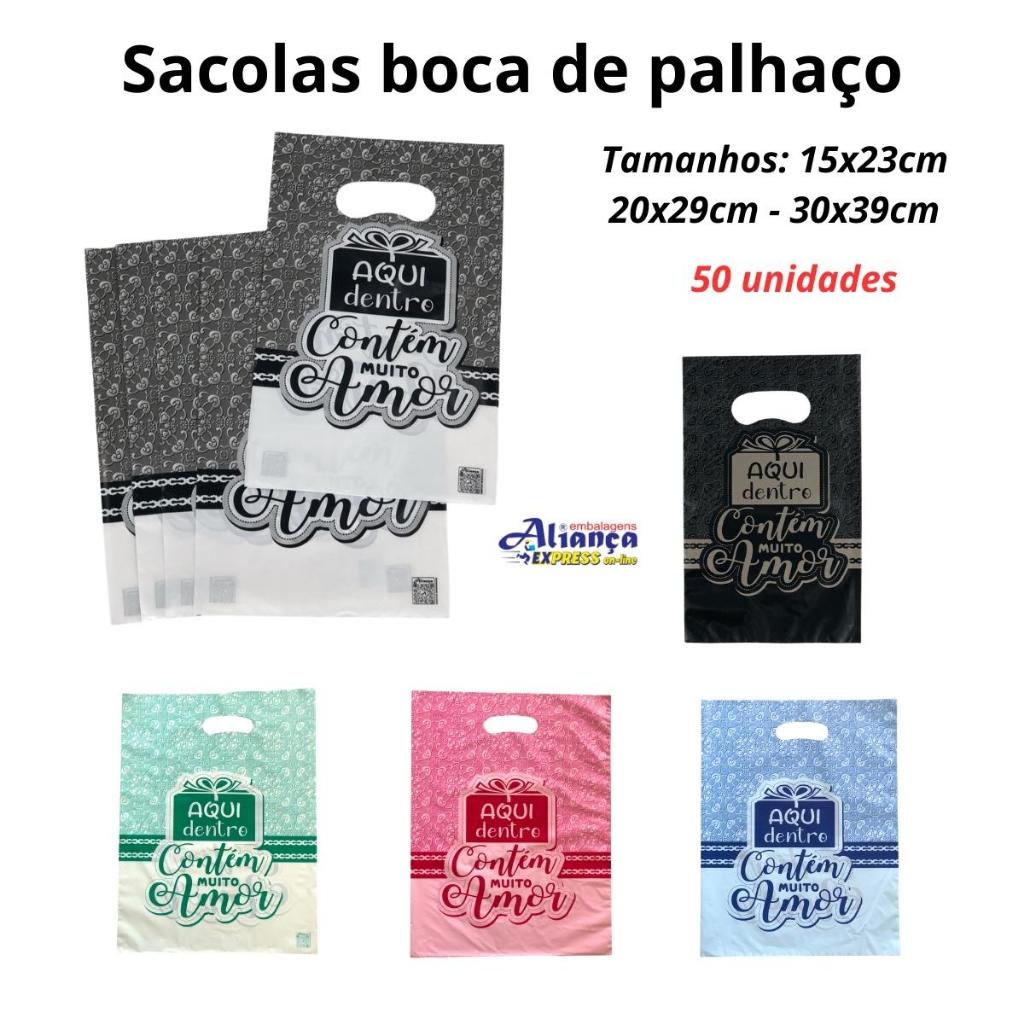 Sacolas Boca de Palhaço 0,8 Tema Aqui Contém Muito Amor 50un Tamanhos a Escolha