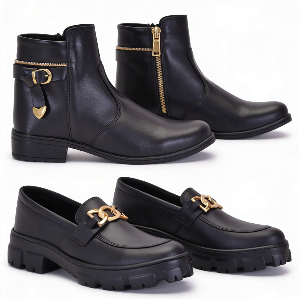 Mega Promo Kit Feminino 2 Pares: Bota Cano Curto Preta com Detalhe Dourado + Mocassim Tratorado Preta com Fivela
