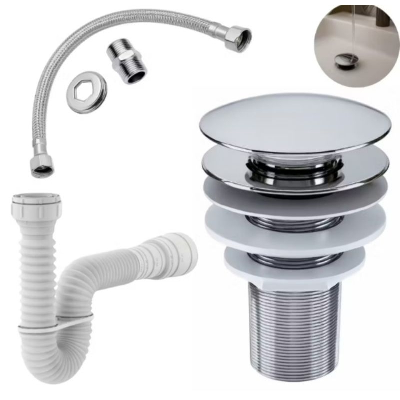 Kit Banheiro Engate Rabicho Flexível 40cm+ Valvula Ralo Click 7/8+ Sifão 72cm branco