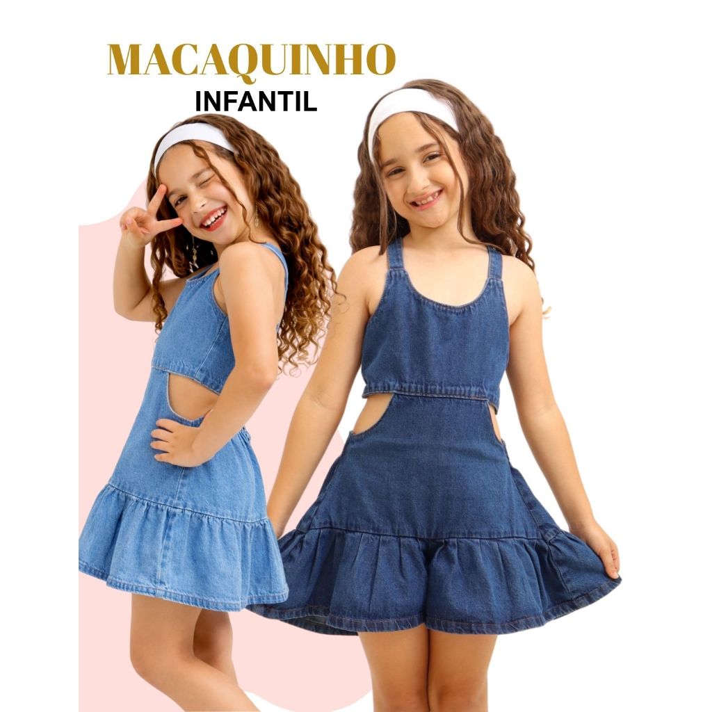 Macaquinho Jeans Short Saia Menina Infantil Criança Passeio Festa Aniversário Verão Férias Shopping