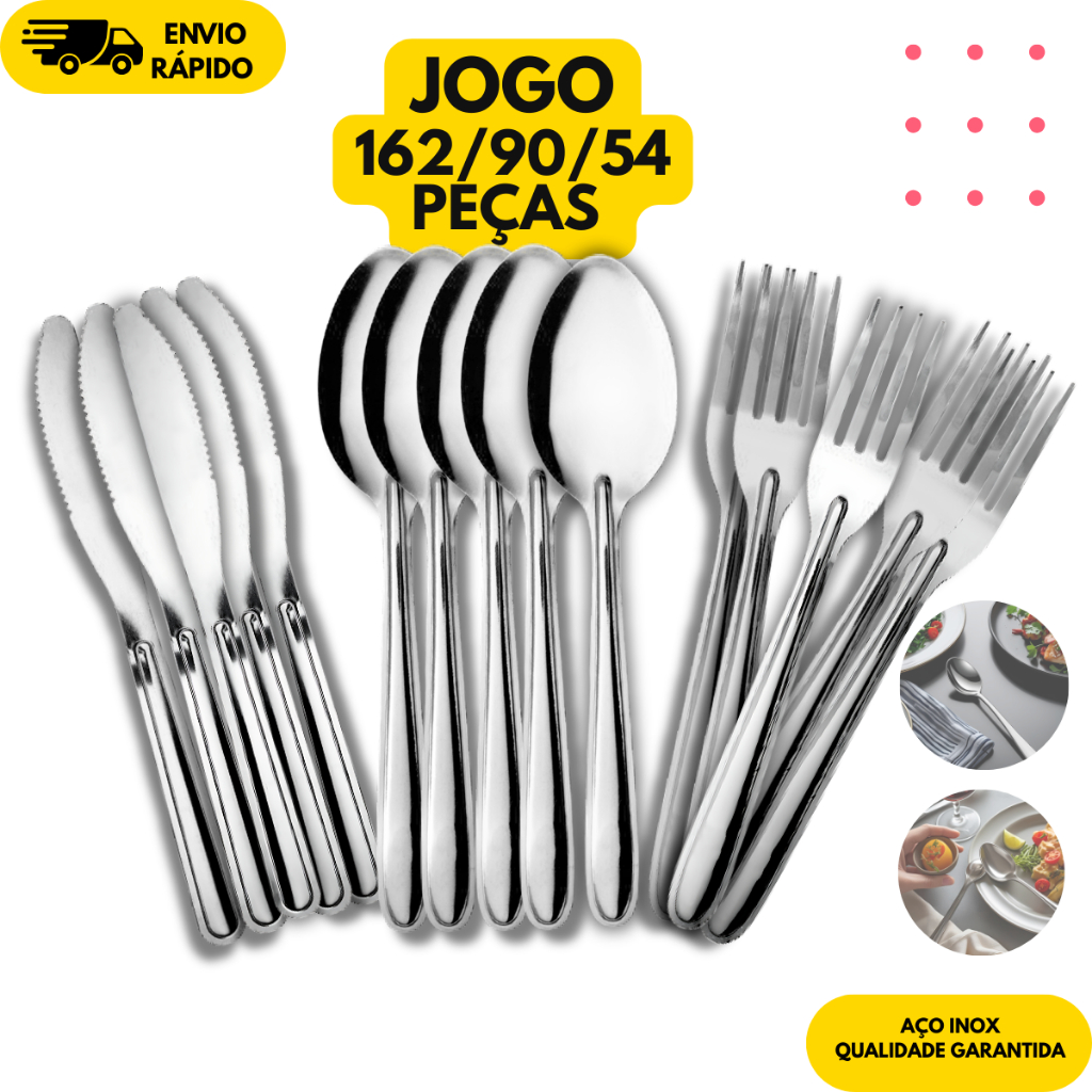 Kit Jogo de 162/90/54 Talheres Garfo Faca Colher Aço Inox Cozinha Jantar Restaurante Buffet Bar