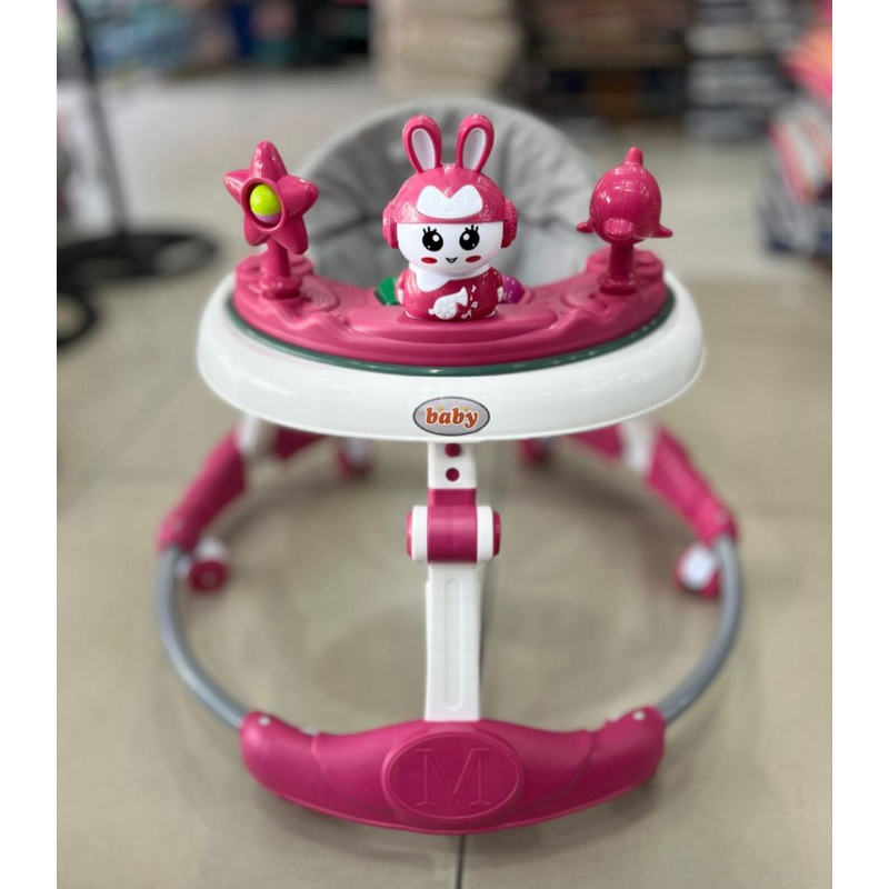 Andador redondo infantil rosa/azul com painel de atividades super fofo e seguro para ajudar nos primeiros passos do bebê