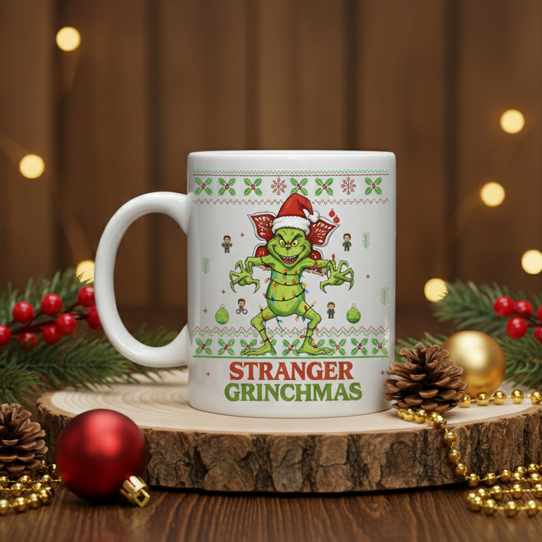 Caneca de Natal 325ml Grinch Demogorgon Stranger Things Presente 325ml