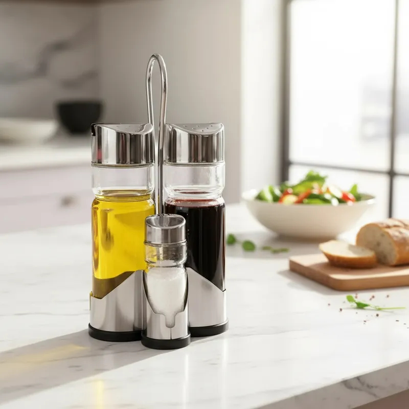 Kit Galheteiro Vidro Suporte Inox Porta Condimentos Azeite Vinagre Saleiro Paliteiro Pimenta 4 Peças