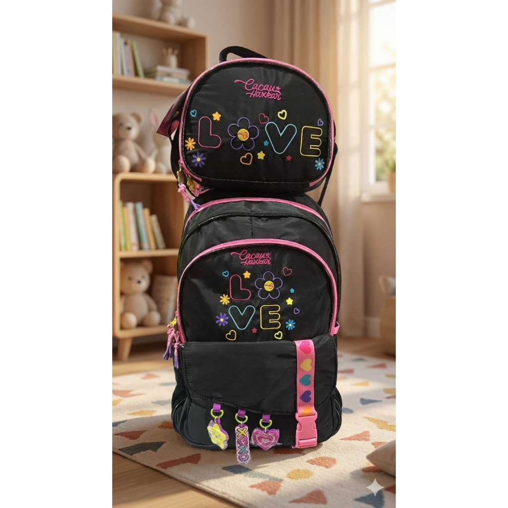 Mochila Rodinhas com Lancheira Cacau Haxkar Kit Escolar Infantil Feminino