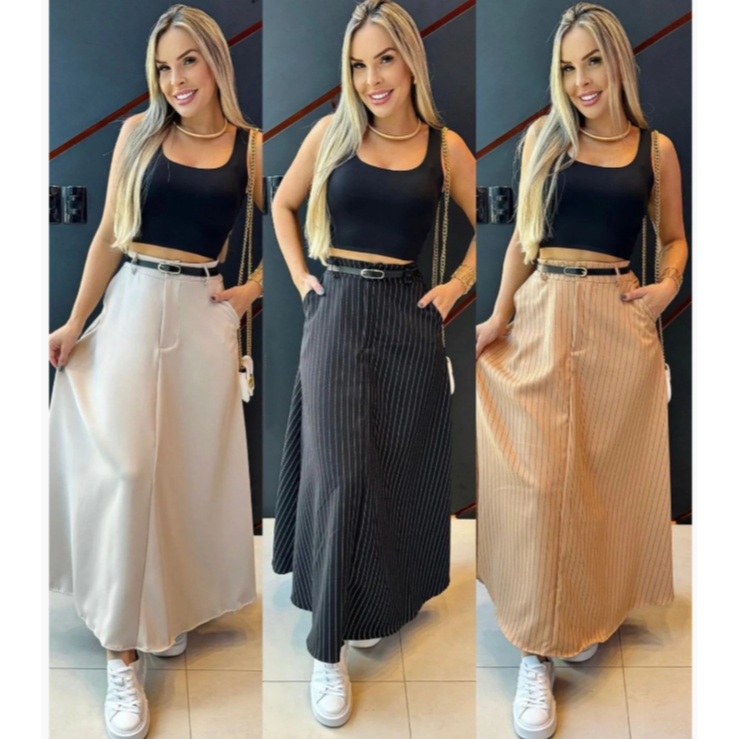 Saia Longa  Alfaiataria Cintura Alta Evangélica Bolso Cinto  PROMOÇÃO em Oferta na Shopee