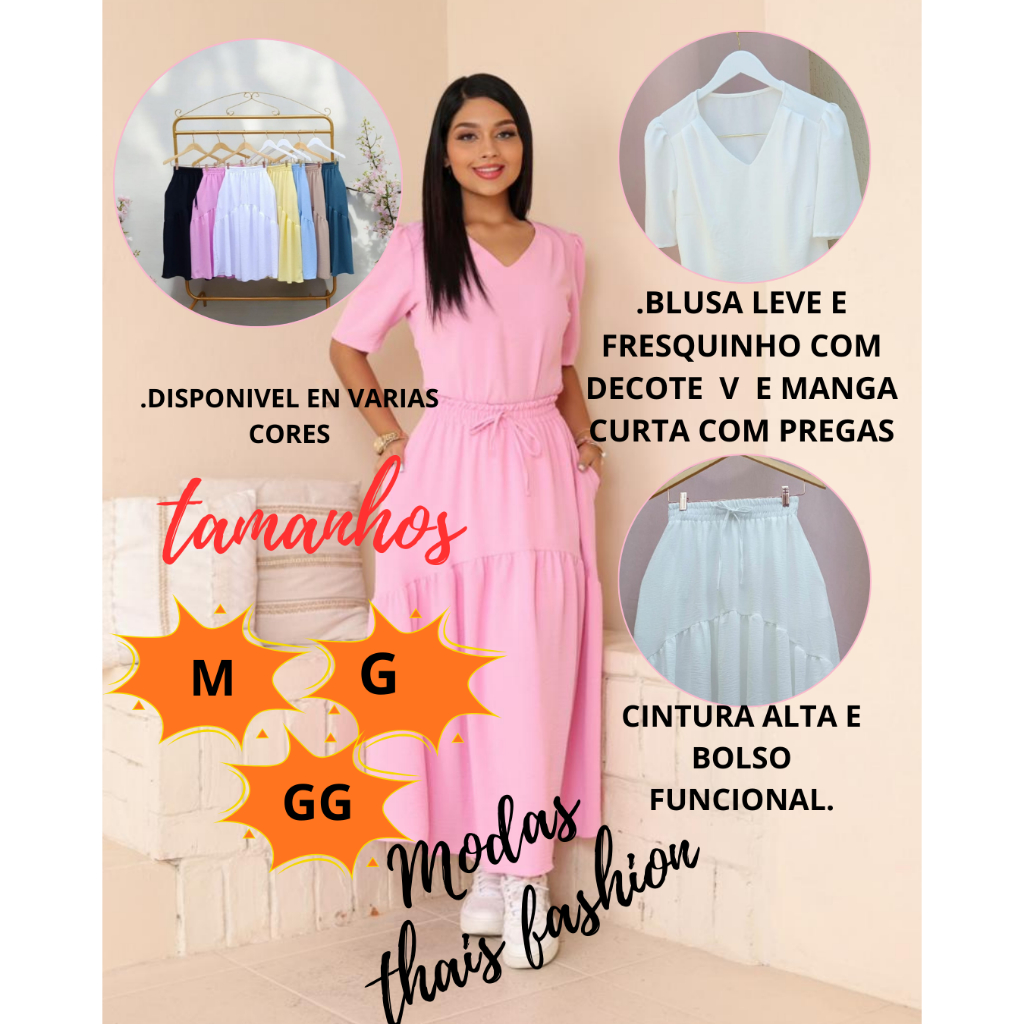 Conjunto feminino saia longa com bolso e blusa decote V manga curta com pregas moda social evangélica