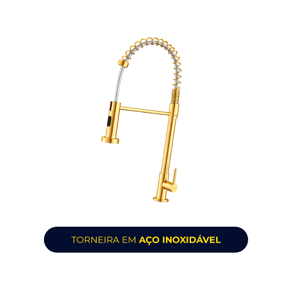 Torneira Gourmet 360° para Cozinha Bancada de Água Fria Luxo Dourada Cromado Aço Inox 304 Brinovar