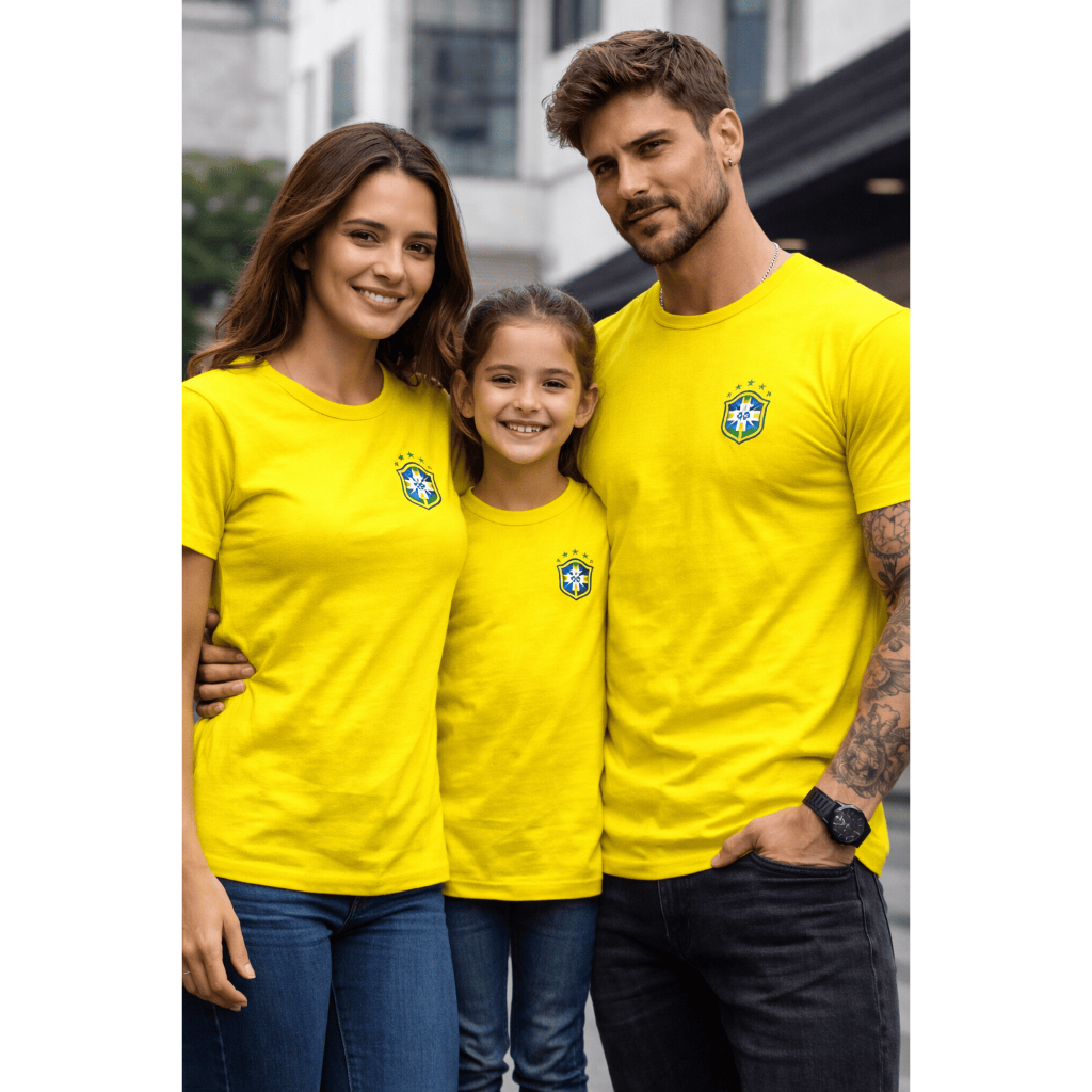Kit 3 Camisetas Família Brasil Pai Mãe Filho Estampa Patriótica Verde Amarela Algodão Confortável