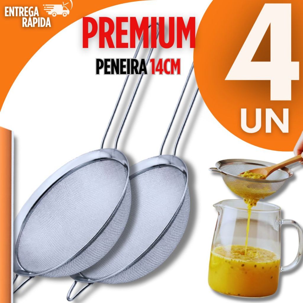 Conjunto 4 Peneiras Coador de Metal 14CM  Peneira Cozinha Premium Utilidades Excelente Qualidade Buffet Culinária
