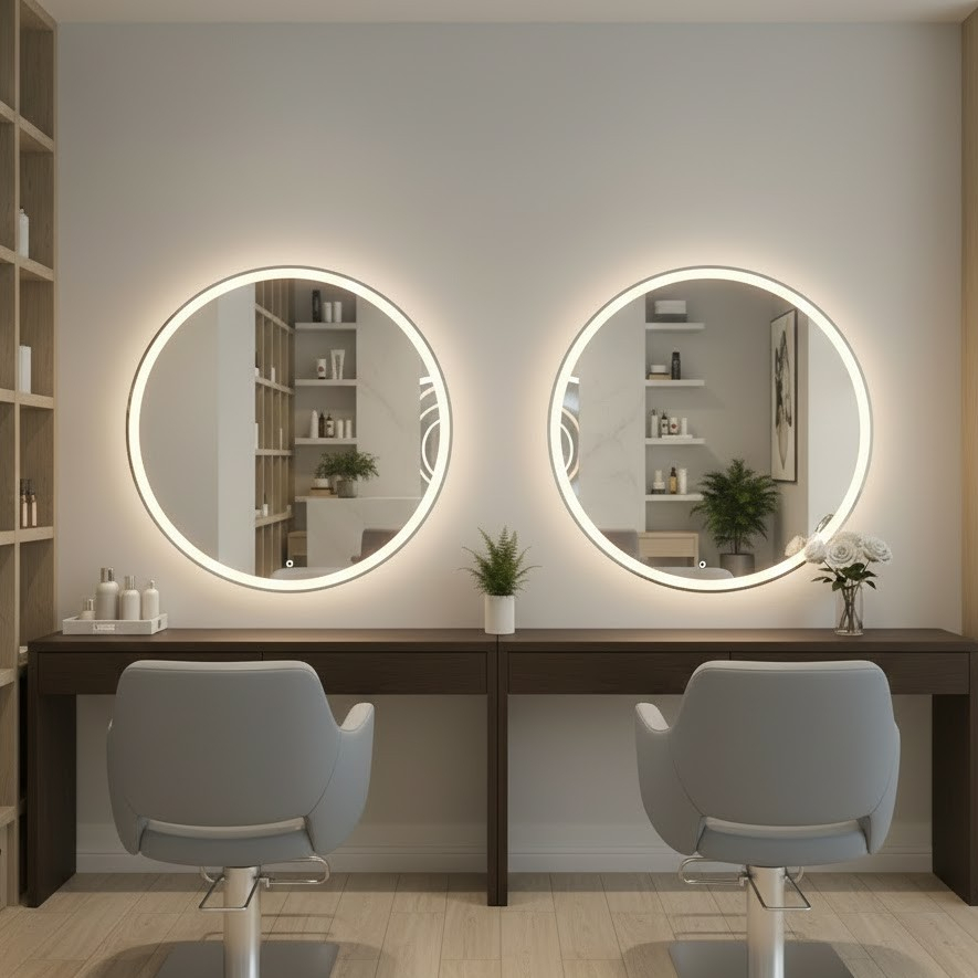 Kit 2 Espelhos Redondos 80x80cm com 3 Cores LED Touch Jateados Decorativos