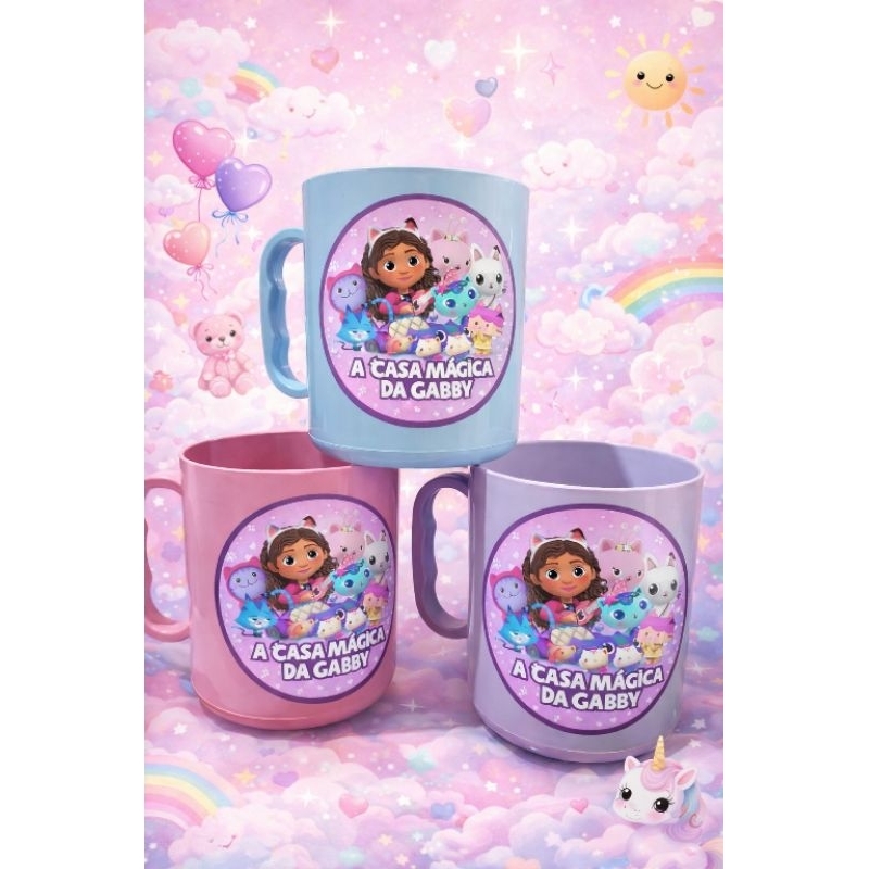 Kit 6 a 30 Canecas plastica 390ml Personalizadas tema A Casa Mágica da Gabby – Aniversário Infantil lembrancinha