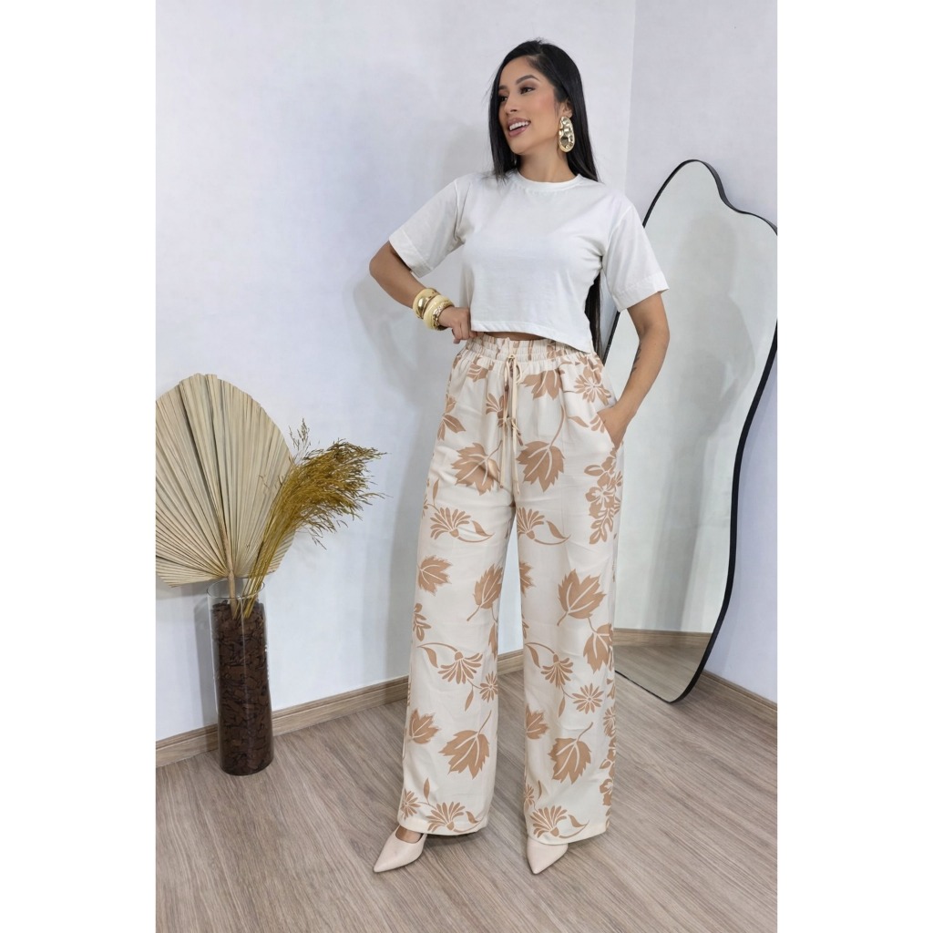 Calça Pantalona Feminina Com Forro Elegante Estampada Casual Cintura Alta com Bolsos Laterais em Tecido Duna Premium