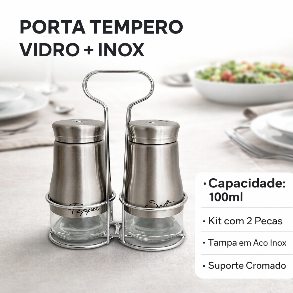 Porta Tempero Vidro e Inox 100ml com Suporte Cromado Kit 2 Unidades Saleiro Pimenteiro Elegante
