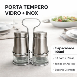 Porta Tempero Vidro e Inox 100ml com Suporte Cromado Kit 2 Unidades Saleiro Pimenteiro Elegante