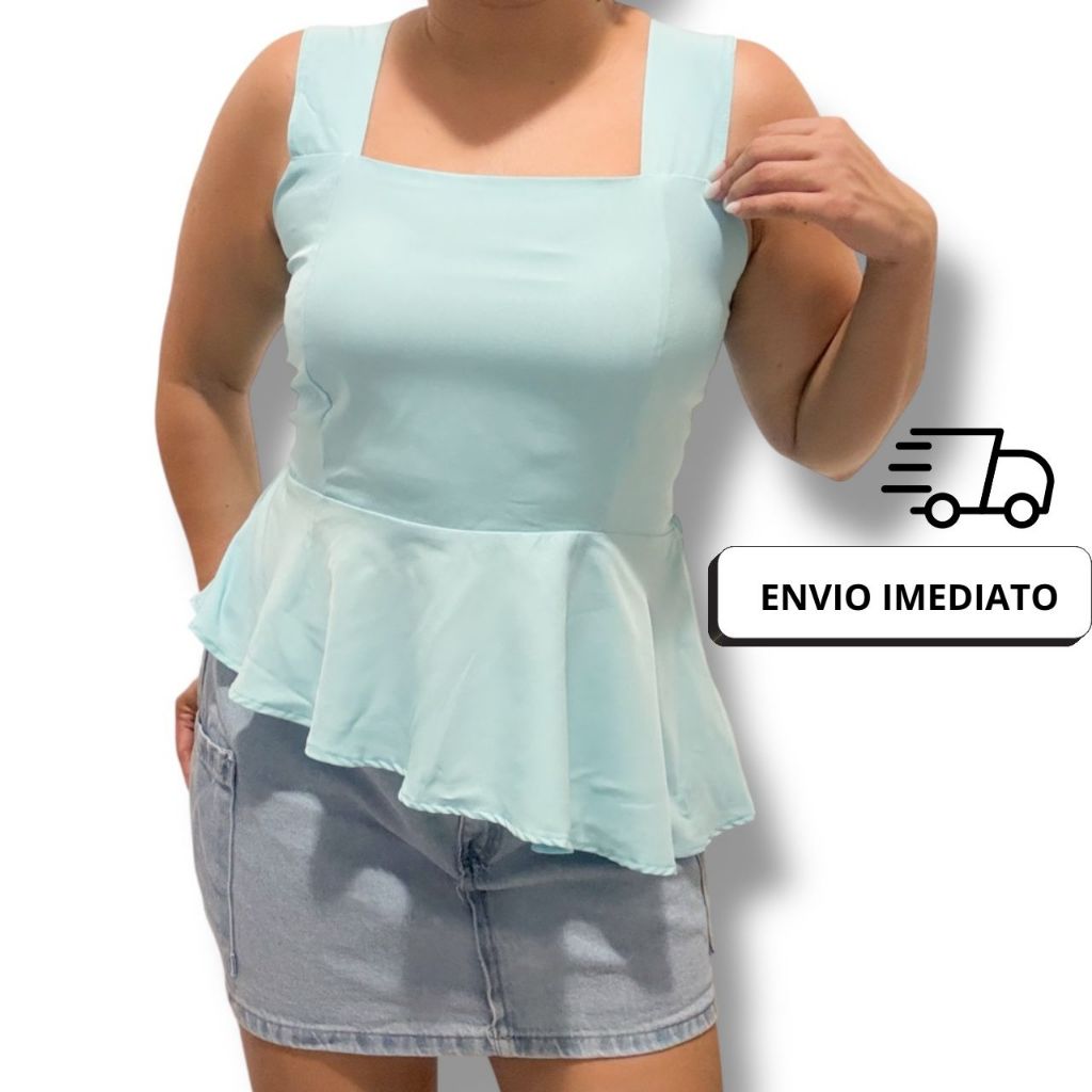 Blusa Feminina Peplum Acinturada com Babado Regata Alcinha Larga Decote Quadrado Moda Casual Elegante Verão Envio Imedia