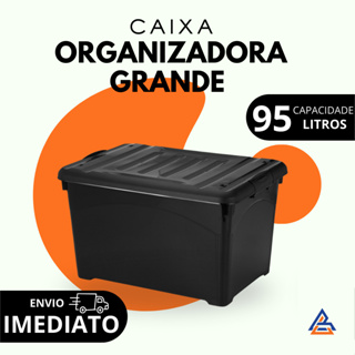 Caixa Organizadora Preta 95L Tampa com Trava e Rodinhas - Empilhável, Grande e Reforçada em Oferta na Shopee