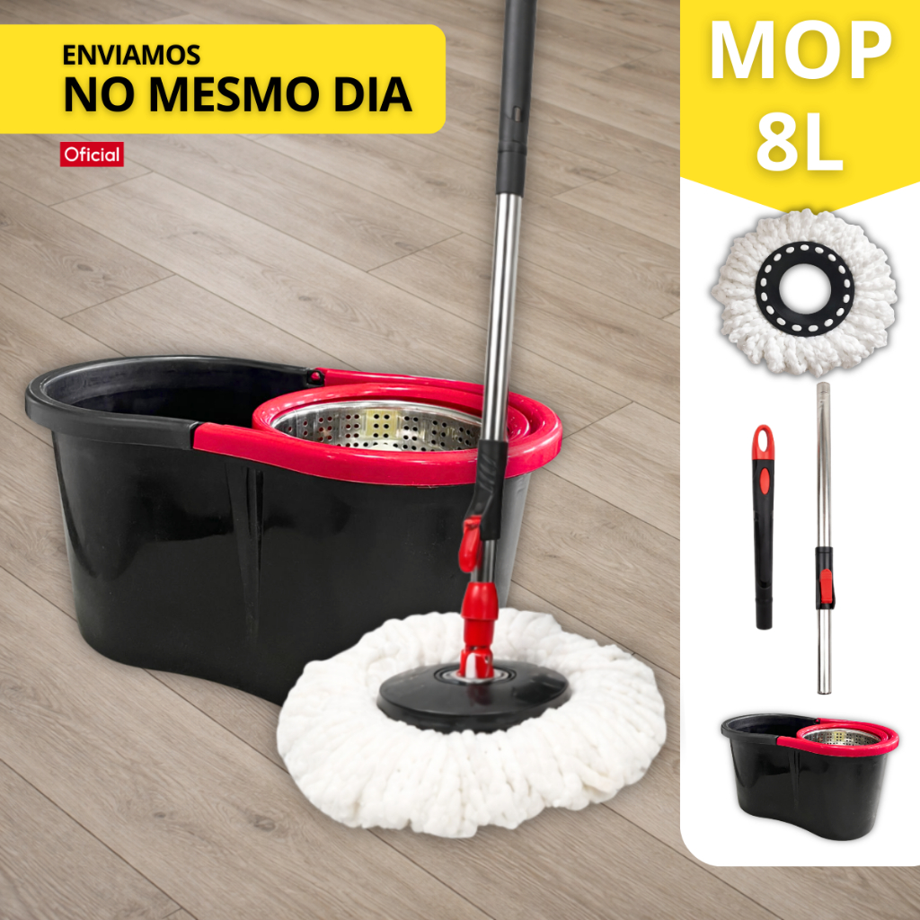 Mop Giratório Cabo Grande de 120 cm 8 Litros Cesto Em Plástico e Inox - Balde Centrífuga Preto