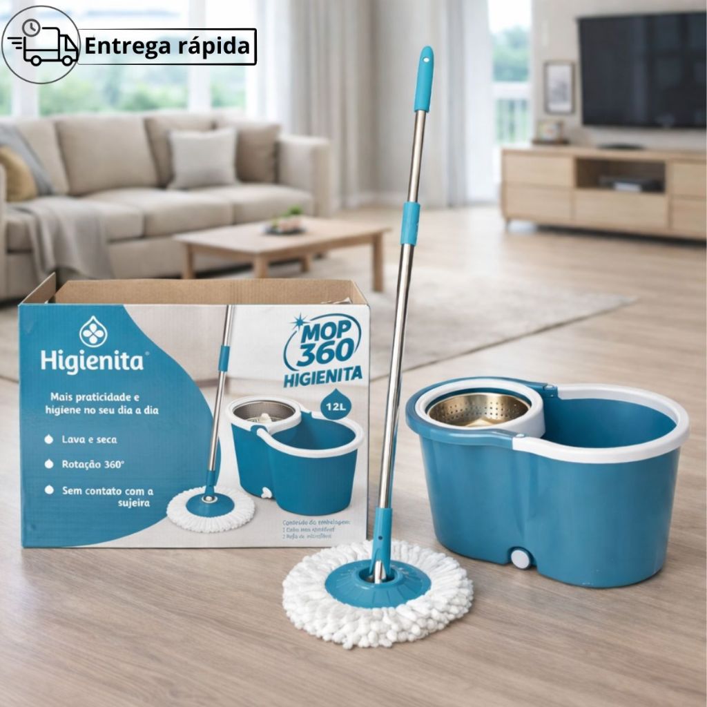 Mop Limpeza Giratório Limpeza Profissional 360 Balde 12L Com Rodinhas + 2 Refis Microfibra Higienita