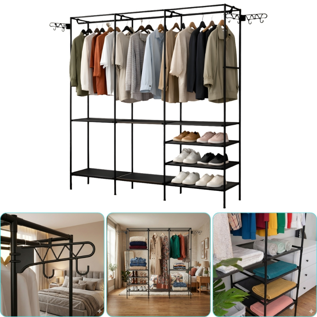 Organizador de Roupas Aberto Com 3 Colunas 4 Gachos Arara Tripla Guarda-Roupa Sapato Cabide Roupeiro Sapateiro Cabideiro