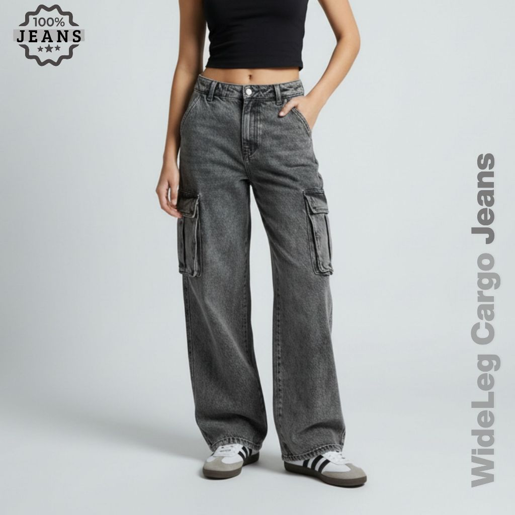 Calça Jeans Cargo Grafite Cinza Premium Feminino Com Bolsos Laterais Perna Larga 34 ao 44 em Oferta na Shopee