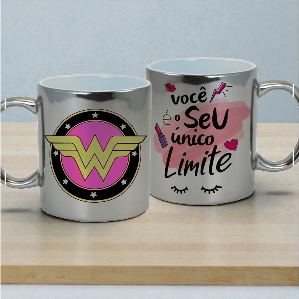 Caneca Cerâmica Espelhada Metalizada Mulher Maravilha Dia da Mulher Namorada Presente Feminino