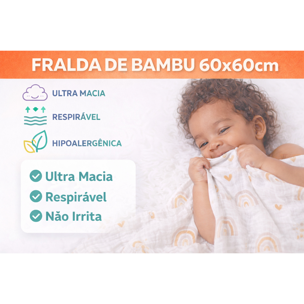 Fralda de Algodão de Bambu Super Macia 60x60cm Musselina Respirável Não Irrita a Pele do Bebê
