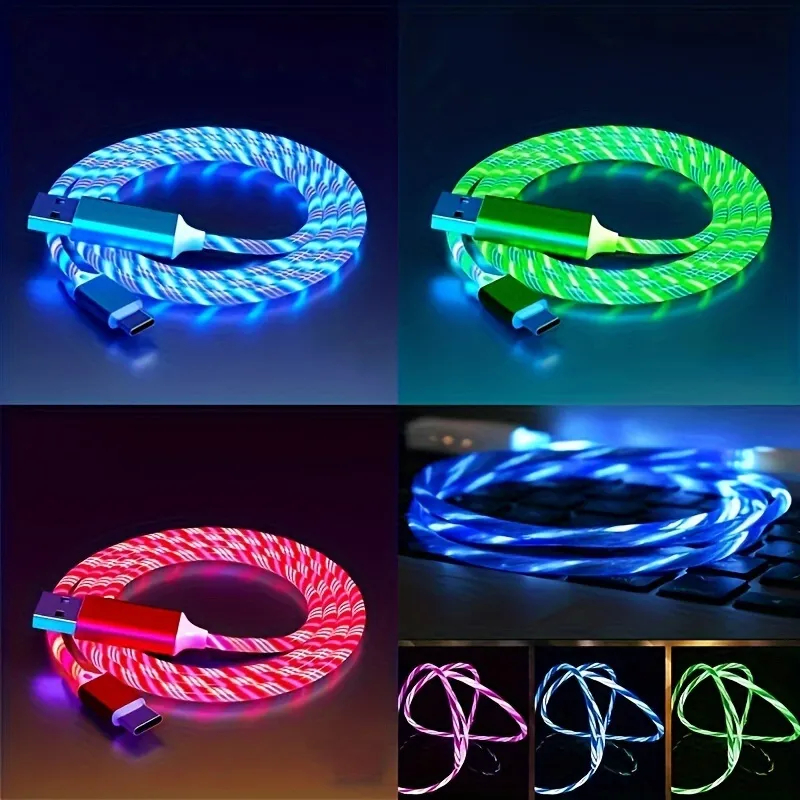 Cabo USB Tipo C LED LUMINOSO 1m 3A – Carregamento Rápido + Dados Reforçado