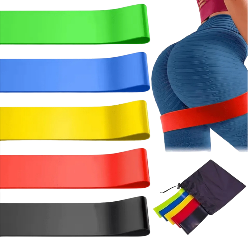 Kit 5 Mini Bands Faixas Extensoras Elásticas Látex Bolsa TNT Ginástica Reabilitação Treino Funcional