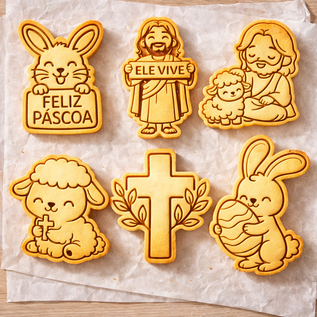 Kit 6 Cortadores e Marcadores 3D Páscoa Religioso Coelho Jesus Cruz Cookie Biscuit Pasta Americana PLA